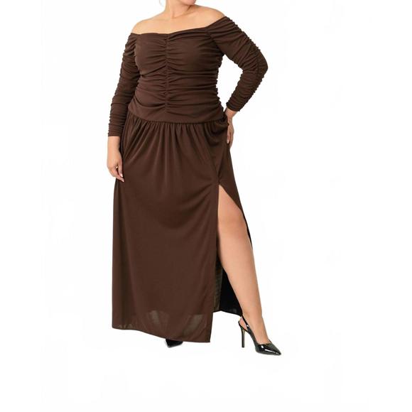NEW TANYA TAYLOR marla off-shoulder maxi dress - plus in mocha